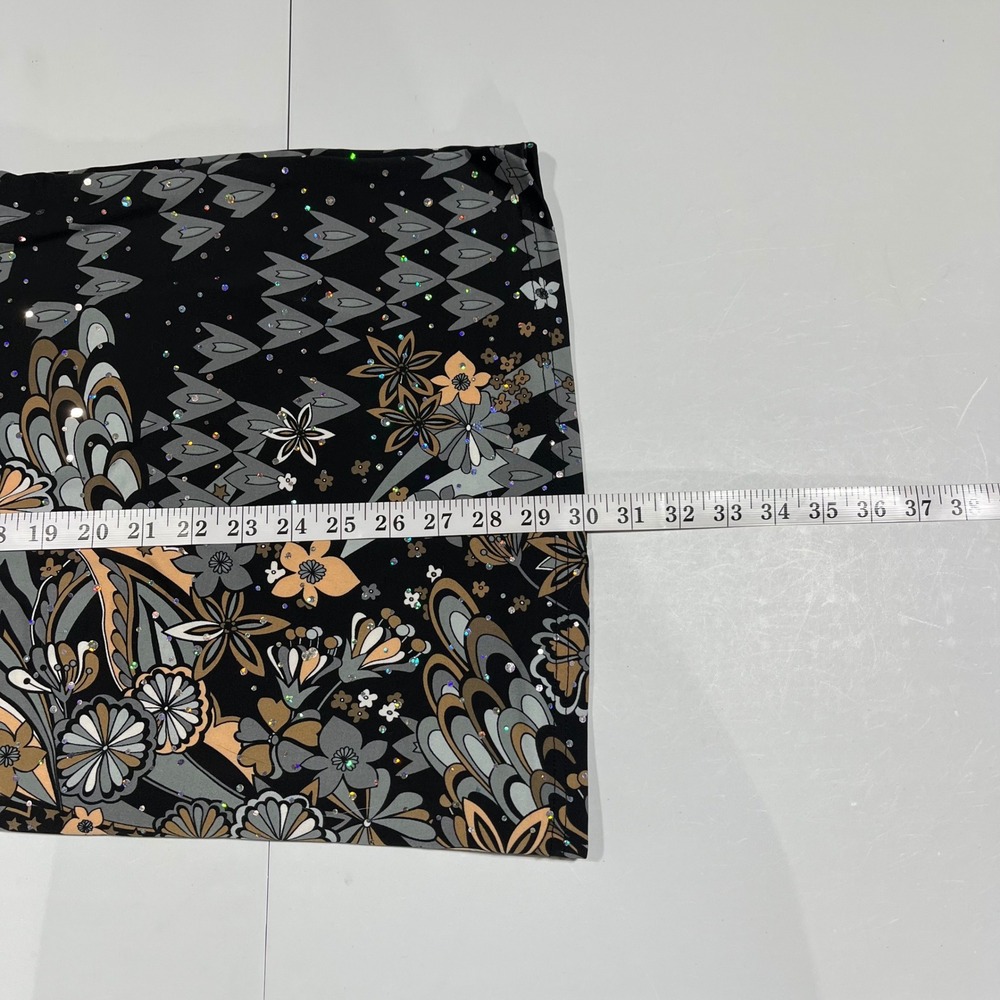 Bob Mackie Black Floral V-Neck Long Sleeve Blouse with Gray and Tan Accents. - Picture 9 of 11